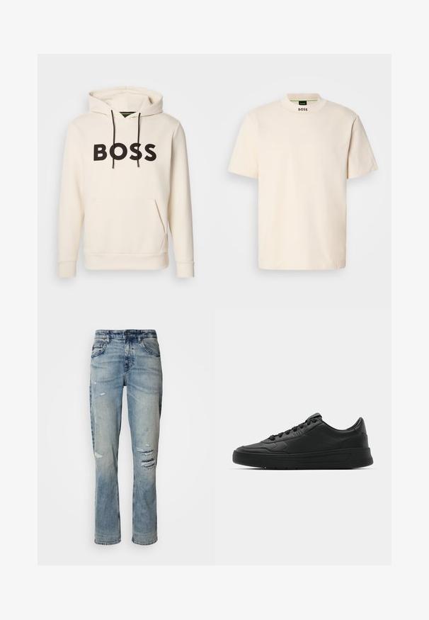 Kremna kapuca s črnim napisom "BOSS" na prsih, črnimi vrvicami ter sprednjim žepom v obliki kenguruja.; Kratek T-shirt v krem barvi s kratkimi rokavi in visokim ovratnikom, na sprednjem delu vratu in notranji etiketi pa je natisnjen napis "BOSS" v črni barvi.; Svetlo modri kavbojke z ravnim krojem, obrabljenimi detajli in zbledelim pranjem. Standardna zasnova s petimi žepi in gumbom za zapiranje.; Črne superge z gladkim usnjenim zgornjim delom, okroglo konico, ravnimi vezalkami, oblazinjeno ovratnikom in minimalističnim dizajnom. Gumijast podplat z diskretnim profilom.