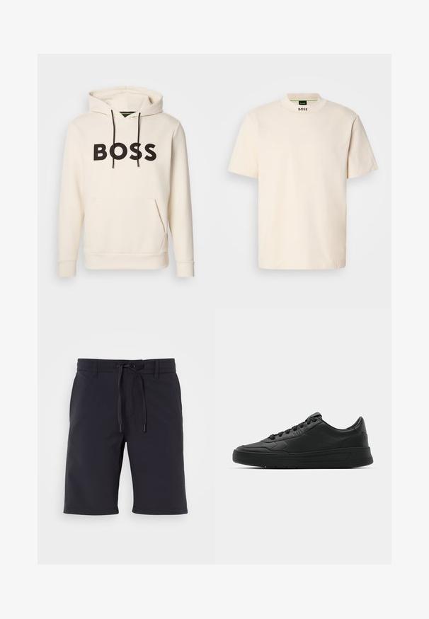 Sweatshirt creme com o texto "BOSS" em preto no peito, cordões pretos e um bolso tipo canguru na frente.; T-shirt de manga curta na cor creme com colarinho alto, apresentando "BOSS" impresso a negro na parte frontal do pescoço e na etiqueta interior.; Calções azul-marinho feitos de tecido texturizado com um cós elástico e cordão, apresentando um corte reto e sem padrões adicionais.; Sapatilha preta com parte superior em couro liso, bico arredondado, cadarços planos, colarinho almofadado e design minimalista. Sola de borracha com padrão de tração discreto.