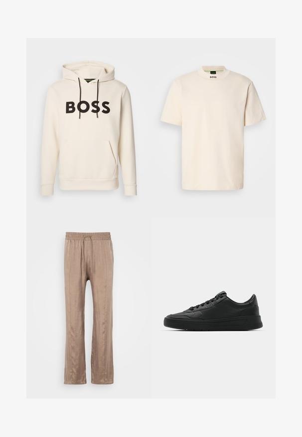 Kreminės spalvos džemperis su juodu "BOSS" tekstu ant krūtinės, juodomis pavadėlėmis ir priekinėmis kengūros kišenėmis.; Kreminės spalvos trumpas rankovės marškinėliai su aukštu apykakle, ant kurių priekyje kaklo ir vidinėje etiketėje juodu spalva yra užrašas "BOSS".; Šviesiai rudos, plačios kelnės, pagamintos iš lygaus audinio, su elastinga juosmens juosta ir raišteliu bei dviem priekinių raukšlių linijomis.; Juodi sportiniai batai su lygia odine viršutine dalimi, apvaliu pirštu, plokščiomis raišteliais, pagaminta su paminkštinta apykakle ir minimalizmo dizainu. Guma padais su subtilia protektoriaus raštu.