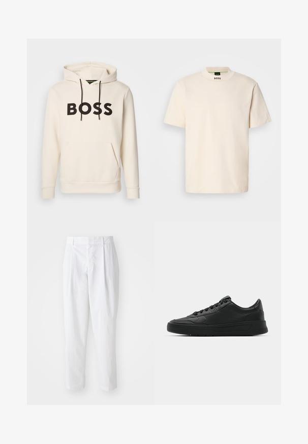 Crème kleurige hoodie met zwarte "BOSS" tekst op de borst, zwarte trekkoorden en een handige buidelzak aan de voorkant.; Crème kleurig T-shirt met korte mouwen en hoge kraag, met "BOSS" in het zwart gedrukt op de voorkant van de nek en op het binnenlabel.; Witte geplooide broek met een hoge taille en cropped lengte, met een gladde textuur en strakke lijnen. Geen zichtbare hardware of patronen.; Zwarte sneaker met een glad leren bovenwerk, ronde neus, platte veters, gewatteerde kraag en minimalistisch design. Rubberen zool met een subtiel profiel.