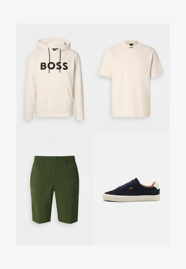 Cremefarvet hoodie med sort "BOSS" tekst på brystet, sorte snore og en front kangaroo lomme.; Kremfarvet kortærmet T-shirt med høj krave, med "BOSS" trykt i sort på forsiden af kraven og indvendigt på mærket.; Mørkegrønne shorts med elastisk talje og en enkelt knaplukning. Glat, letvægtsstof med to sidelommer og en skræddersyet pasform.; Mørkeblå ruskinds lavtoppede sneakers med beige sål, kontrastfyldt tan-intern og logo-detalje på den udvendige side. Funktioner rundsnøre og en glat tekstur.