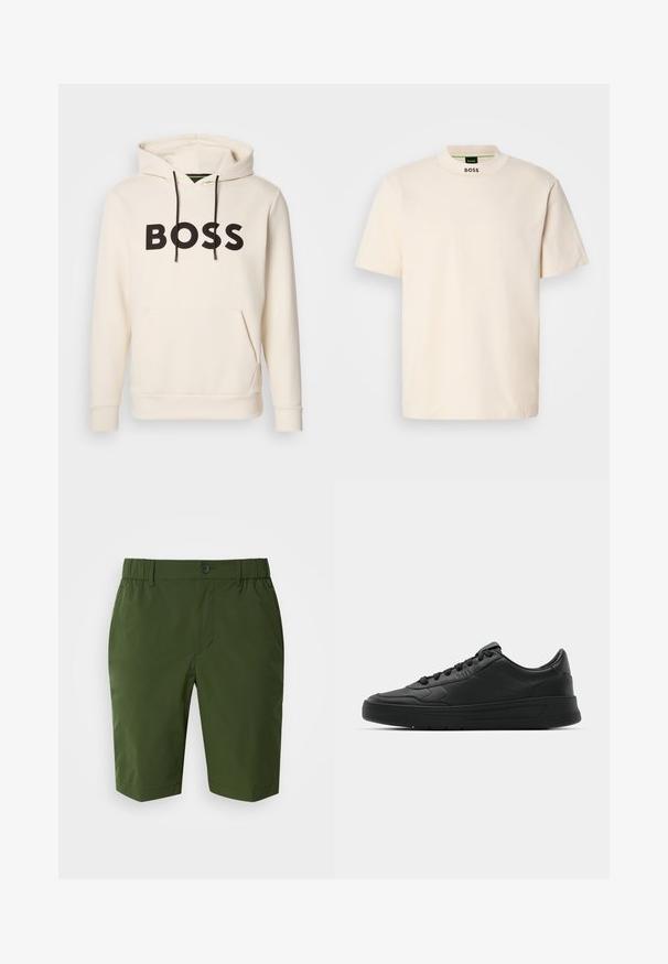 Krämfärgad huvtröja med svart "BOSS"-text på bröstet, svarta dragsnören och en framficka i känguru-stil.; Krämfärgad kortärmad t-shirt med hög krage, med "BOSS" tryckt i svart på framsidan av halsringningen och inuti etiketten.; Mörkgröna shorts med elastiskt midjeband och en enda knappstängning. Slät, lättviktsmaterial med två sidfickor och en kroppsformad passform.; Svart sneaker med slät läderöverkänsla, rund tå, platta snören, vadderad krage och minimalistisk design. Gummisula med subtilt mönster.