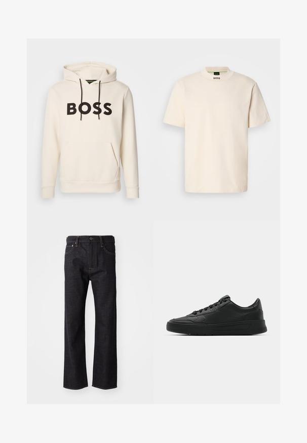 Sudadera color crema con el texto "BOSS" en negro en el pecho, cordones negros y un bolsillo canguro en la parte frontal.; T-shirt de manga corta color crema con collar alto, que presenta la palabra "BOSS" impresa en negro en la parte delantera del cuello y en la etiqueta interior.; Jeans de mezclilla azul oscuro con piernas rectas, cierre de botón de latón, costuras naranjas y diseño de cinco bolsillos. Corte clásico y textura resistente.; Zapatilla negra con parte superior de cuero liso, puntera redonda, cordones planos, cuello acolchado y diseño minimalista. Suela de goma con un patrón de relieve sutil.