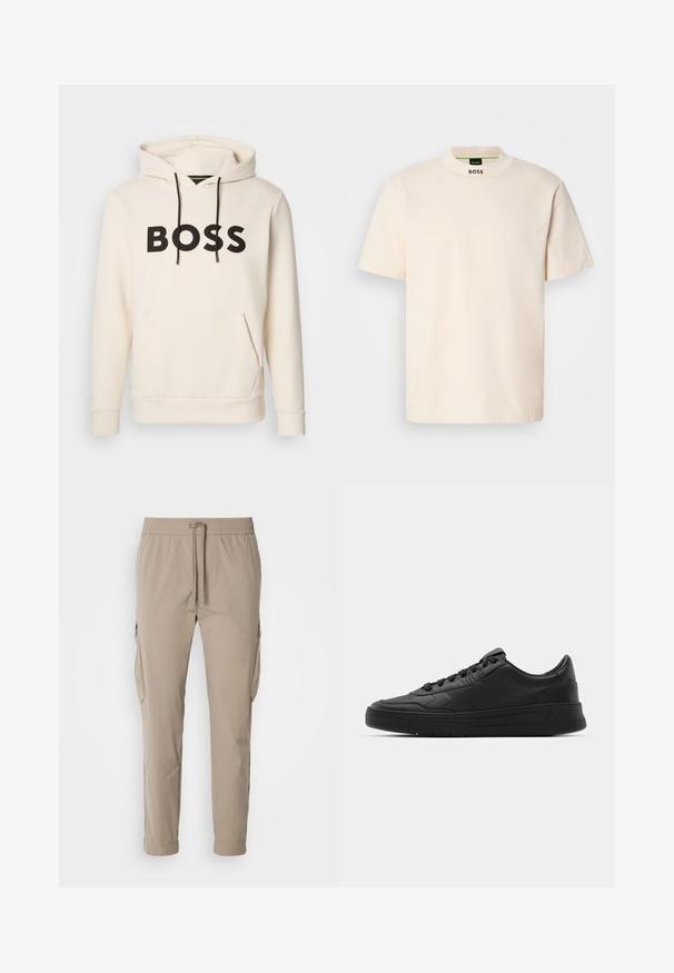 Sweatshirt creme com o texto "BOSS" em preto no peito, cordões pretos e um bolso tipo canguru na frente.; T-shirt de manga curta na cor creme com colarinho alto, apresentando "BOSS" impresso a negro na parte frontal do pescoço e na etiqueta interior.; Calças cargo bege com cintura elástica e cordão. Possui bolsos laterais e design de perna afunilada, confeccionadas em tecido leve.; Sapatilha preta com parte superior em couro liso, bico arredondado, cadarços planos, colarinho almofadado e design minimalista. Sola de borracha com padrão de tração discreto.