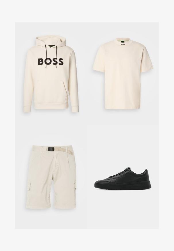Sweatshirt creme com o texto "BOSS" em preto no peito, cordões pretos e um bolso tipo canguru na frente.; T-shirt de manga curta na cor creme com colarinho alto, apresentando "BOSS" impresso a negro na parte frontal do pescoço e na etiqueta interior.; Sargos bege com frente lisa, passadores de cinto, pregas, bolsos laterais e um tecido texturizado. O comprimento chega até a metade da coxa.; Sapatilha preta com parte superior em couro liso, bico arredondado, cadarços planos, colarinho almofadado e design minimalista. Sola de borracha com padrão de tração discreto.