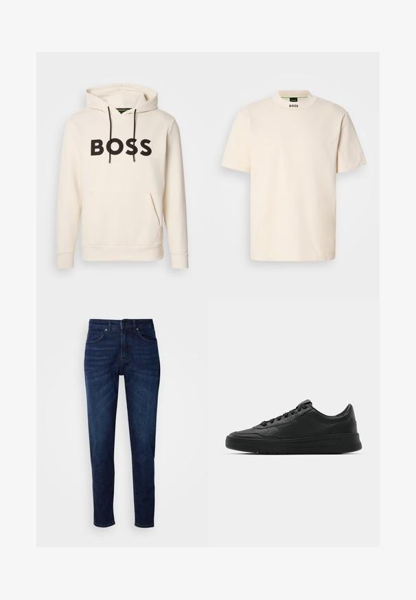 Krämfärgad huvtröja med svart "BOSS"-text på bröstet, svarta dragsnören och en framficka i känguru-stil.; Krämfärgad kortärmad t-shirt med hög krage, med "BOSS" tryckt i svart på framsidan av halsringningen och inuti etiketten.; Mörkblå denimjeans med rak bendesign, med fickor och knappstängning vid midjan. Mjuk textur, minimala blekningsdetaljer.; Svart sneaker med slät läderöverkänsla, rund tå, platta snören, vadderad krage och minimalistisk design. Gummisula med subtilt mönster.