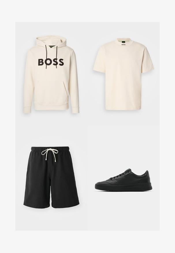 Helle Hoodie in Cremefarbe mit schwarzem "BOSS"-Text auf der Brust, schwarzen Kordelzügen und einer frontalen Kängurutasche.; Cremfarbener Kurzarm-T-Shirt mit hohem Kragen, auf dem die Aufschrift "BOSS" in Schwarz auf der Vorderseite des Halsausschnitts und im Etikett innen gedruckt ist.; Schwarze Sweatshorts aus einem weichen Material, mit einem elastischen Bund und einer cremefarbenen Kordel sowie Seitentaschen.; Schwarze Sneaker mit glattem Lederobermaterial, runder Zehenpartie, flachen Schnürsenkeln, gepolstertem Kragen und minimalistischem Design. Gummisohle mit subtiler Profilierung.