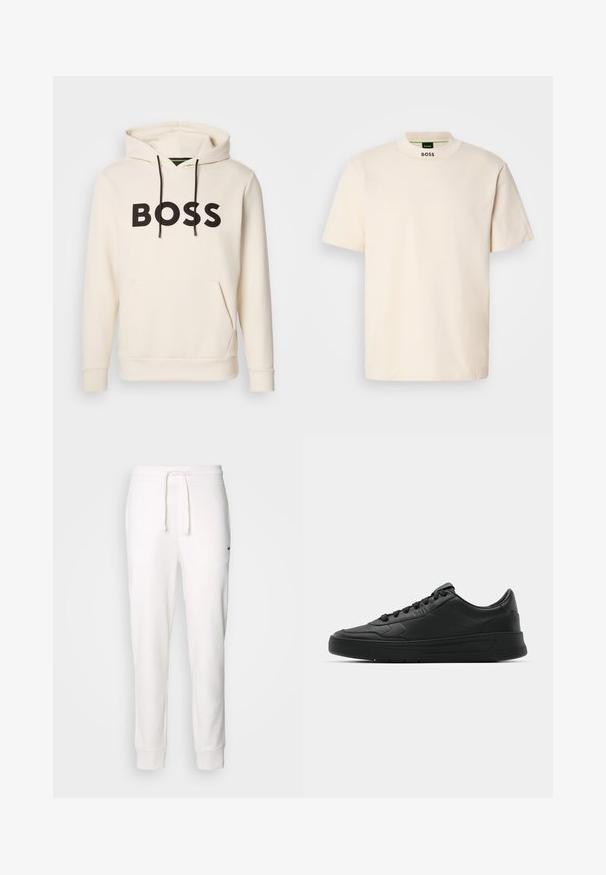 Krémová mikina s kapucňou a čiernym textom "BOSS" na hrudi, čiernymi šnúrkami a prednou kengurou vreckom.; Krémové tričko s krátkym rukávom a vysokým golierom, s nápisom "BOSS" potlačeným čiernou farbou na prednom krku a vo vnútornom štítku.; Biele bavlnené tepláky s elastickým pásom, šnúrkou a rebrovanými manžetami. Obsahujú malé čierne logo na boku.; Čierne tenisky s hladkým koženým zvrškom, okrúlym špičkou, plochými šnúrkami, polstrovaným golierom a minimalistickým dizajnom. Gumená podrážka s jemným vzorom behúňa.