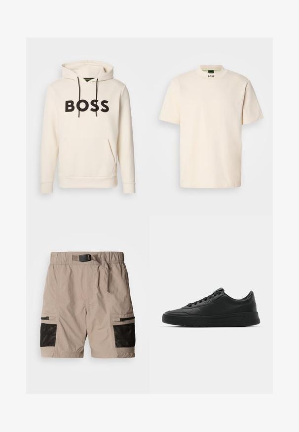 Hoodie couleur crème avec le texte noir "BOSS" sur la poitrine, des cordons de serrage noirs et une poche kangourou à l'avant.; T-shirt crème à manches courtes avec un col haut, arborant "BOSS" imprimé en noir au niveau du cou avant et de l'étiquette intérieure.; Shorts cargo beiges en tissu texturé, avec des accents de panneaux en maille noire, une taille élastique et des poches latérales zippées.; Baskets noires avec tige en cuir lisse, bout rond, lacets plats, col rembourré et design minimaliste. Semelle en caoutchouc avec un motif de traction subtil.