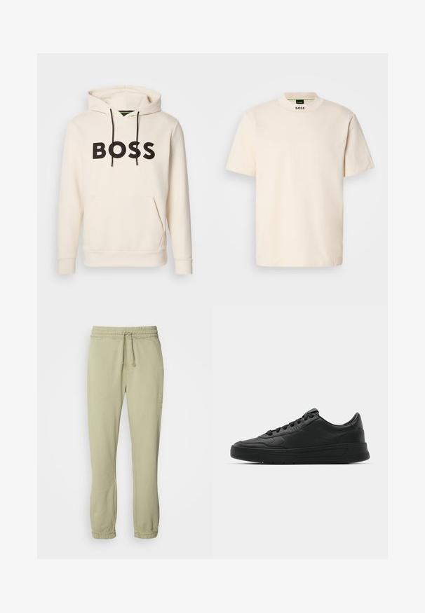 Helle Hoodie in Cremefarbe mit schwarzem "BOSS"-Text auf der Brust, schwarzen Kordelzügen und einer frontalen Kängurutasche.; Cremfarbener Kurzarm-T-Shirt mit hohem Kragen, auf dem die Aufschrift "BOSS" in Schwarz auf der Vorderseite des Halsausschnitts und im Etikett innen gedruckt ist.; Helle grüne Jogginghose mit elastischem Bund, verstellbarem Kordelzug und gerafften Bündchen. Hergestellt aus weichem Stoff, mit minimalistischem Design.; Schwarze Sneaker mit glattem Lederobermaterial, runder Zehenpartie, flachen Schnürsenkeln, gepolstertem Kragen und minimalistischem Design. Gummisohle mit subtiler Profilierung.