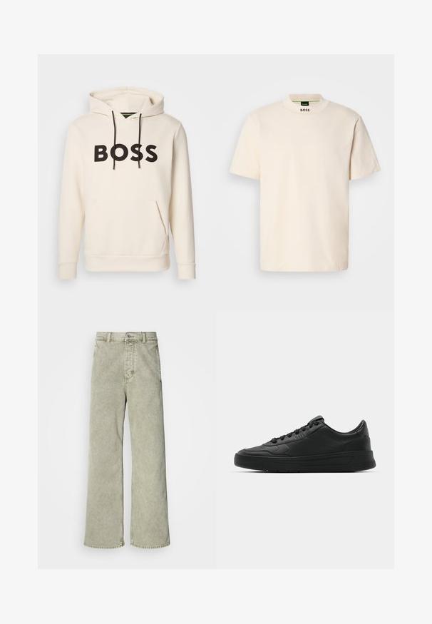 Sweatshirt creme com o texto "BOSS" em preto no peito, cordões pretos e um bolso tipo canguru na frente.; T-shirt de manga curta na cor creme com colarinho alto, apresentando "BOSS" impresso a negro na parte frontal do pescoço e na etiqueta interior.; Jeans de perna larga verde claro com cintura alta, feitos de denim, com fecho de botão e design clássico de cinco bolsos.; Sapatilha preta com parte superior em couro liso, bico arredondado, cadarços planos, colarinho almofadado e design minimalista. Sola de borracha com padrão de tração discreto.