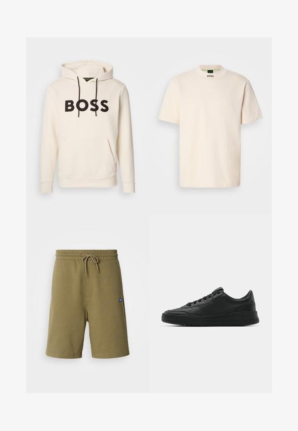 Krémová mikina s kapucí a černým nápisem "BOSS" na hrudi, černými stahovacími šňůrkami a přední kapsou ve stylu klokan.; Krémové tričko s krátkým rukávem a vysokým límcem, na přední části krku a vnitřní štítku s potiskem "BOSS" v černé barvě.; Khaki sportovní šortky vyrobené z měkké směsi bavlny, s elastickým pasem se stahovací šňůrkou, bočními kapsami a logem.; Černé tenisky s hladkým koženým svrškem, kulatou špičkou, plochými tkaničkami, polstrovaným límcem a minimalistickým designem. Gumová podrážka s jemným vzorkem.