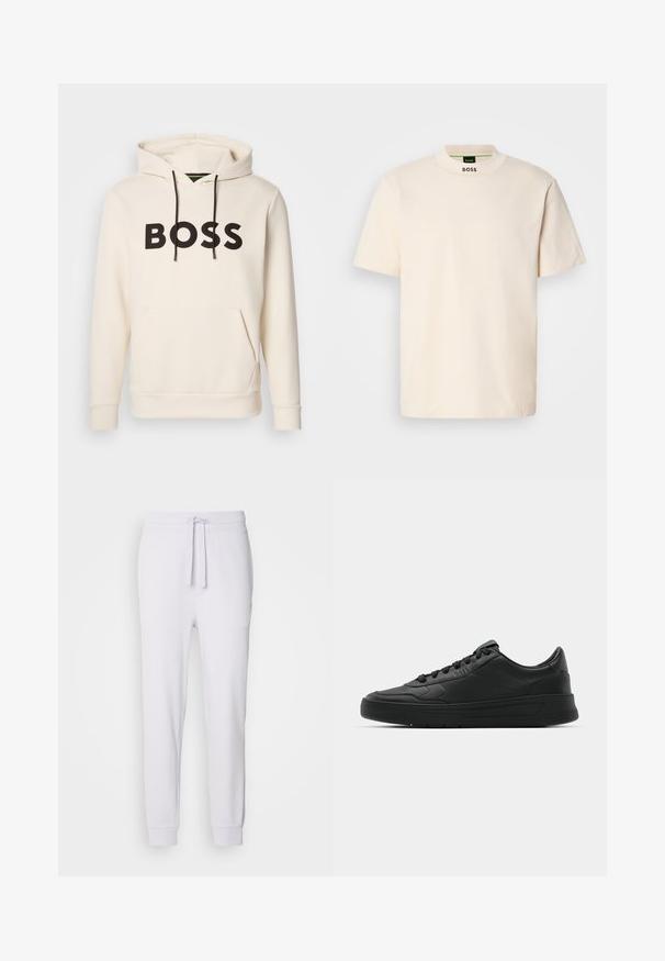 Kremowa bluza z kapturem z czarnym napisem "BOSS" na klatce piersiowej, czarne sznurki oraz przednia kieszeń kangurka.; Kremowa koszulka z krótkim rękawem z wysokim kołnierzem, z nadrukiem "BOSS" w kolorze czarnym na przedniej części kołnierza oraz wewnętrznej metce.; HUGO DAYOTE liliowy; Czarny sneakers z gładkiej skórzanej cholewce, okrągłym nosku, płaskimi sznurówkami, wyściółką kołnierza i minimalistycznym designie. Gumowa podeszwa z delikatnym wzorem bieżnika.