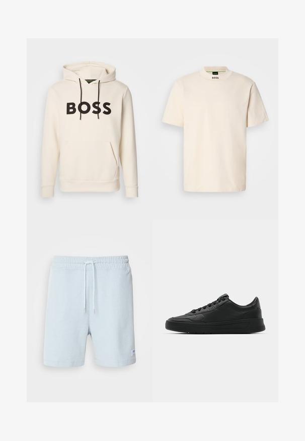 Crème kleurige hoodie met zwarte "BOSS" tekst op de borst, zwarte trekkoorden en een handige buidelzak aan de voorkant.; Crème kleurig T-shirt met korte mouwen en hoge kraag, met "BOSS" in het zwart gedrukt op de voorkant van de nek en op het binnenlabel.; Lichtblauwe geribde shorts met een elastische tailleband, details met trekkoord en een klein label aan de linkerkant. Zachte katoenmateriaal.; Zwarte sneaker met een glad leren bovenwerk, ronde neus, platte veters, gewatteerde kraag en minimalistisch design. Rubberen zool met een subtiel profiel.