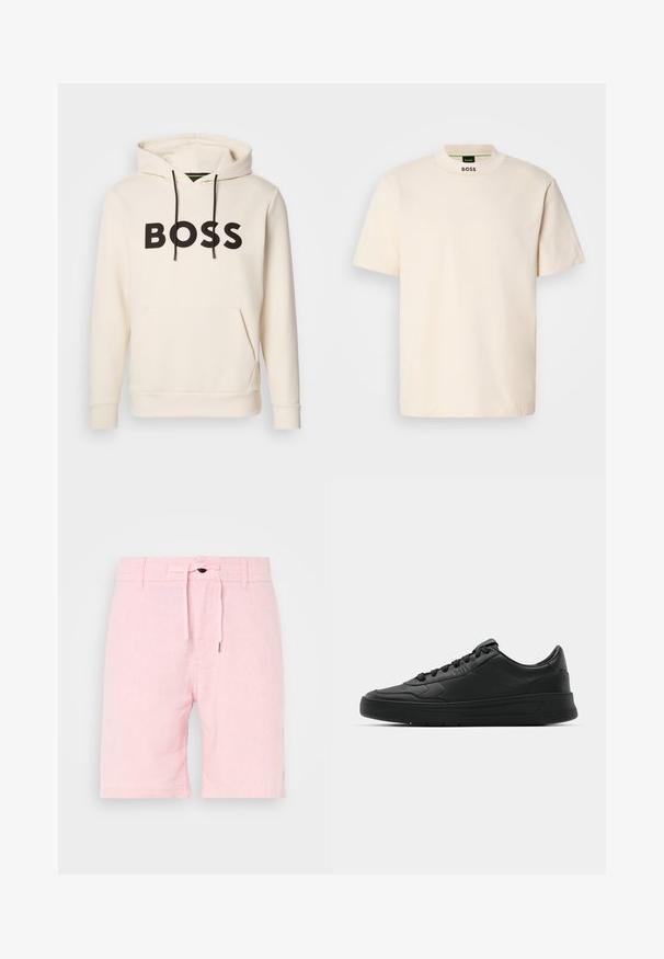 Kremna kapuca s črnim napisom "BOSS" na prsih, črnimi vrvicami ter sprednjim žepom v obliki kenguruja.; Kratek T-shirt v krem barvi s kratkimi rokavi in visokim ovratnikom, na sprednjem delu vratu in notranji etiketi pa je natisnjen napis "BOSS" v črni barvi.; Svetlo roza lanene kratke hlače z vrvico v pasu, ki imajo gladko teksturo, kratko dolžino in subtilne bočne razpoke za lažje gibanje.; Črne superge z gladkim usnjenim zgornjim delom, okroglo konico, ravnimi vezalkami, oblazinjeno ovratnikom in minimalističnim dizajnom. Gumijast podplat z diskretnim profilom.