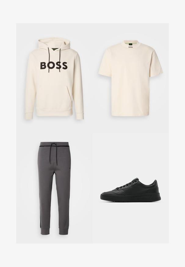 Krämfärgad huvtröja med svart "BOSS"-text på bröstet, svarta dragsnören och en framficka i känguru-stil.; Krämfärgad kortärmad t-shirt med hög krage, med "BOSS" tryckt i svart på framsidan av halsringningen och inuti etiketten.; Grå mjukisbyxor med dragsko i midjan, sidostreck, elastiska mudd och slät yta, med en minimalistisk design utan synliga fickor.; Svart sneaker med slät läderöverkänsla, rund tå, platta snören, vadderad krage och minimalistisk design. Gummisula med subtilt mönster.
