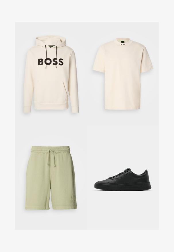 Hoodie color crema con testo "BOSS" nero sul petto, cordini neri e tasca a kangaroo anteriore.; Maglietta a maniche corte color crema con colletto alto, con la scritta "BOSS" stampata in nero sulla parte anteriore del collo e sull'etichetta interna.; Pantaloni corti in misto cotone verde chiaro con vita elastica e cordoncino regolabile. Caratterizzati da tasche laterali e logo ricamato sulla gamba.; Sneaker nera con tomaia in pelle liscia, punta rotonda, lacci piatti, collare imbottito e design minimalista. Suola in gomma con un delicato motivo a rilievo.