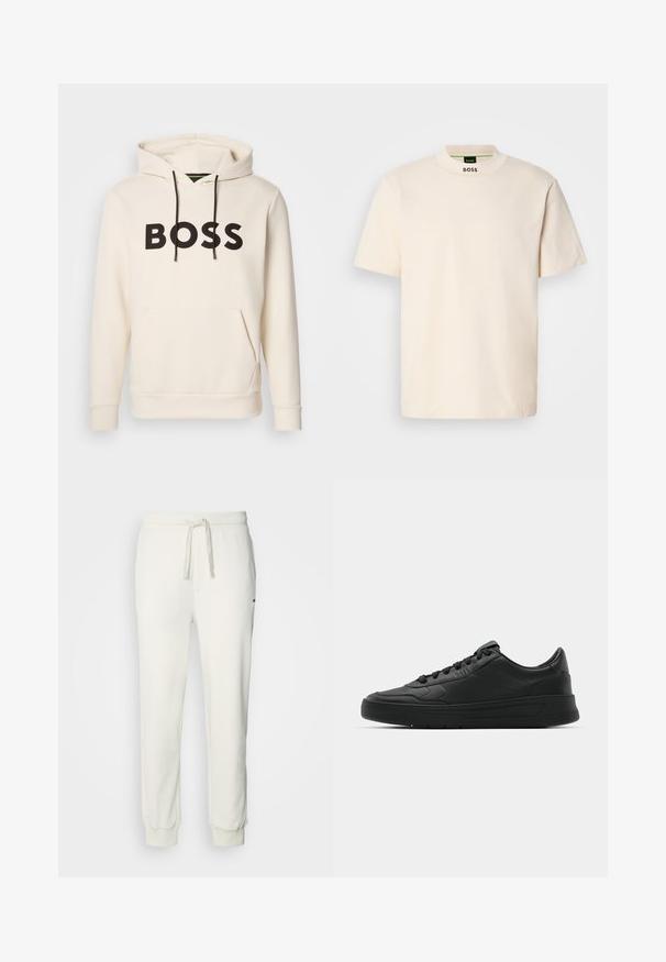 Crème kleurige hoodie met zwarte "BOSS" tekst op de borst, zwarte trekkoorden en een handige buidelzak aan de voorkant.; Crème kleurig T-shirt met korte mouwen en hoge kraag, met "BOSS" in het zwart gedrukt op de voorkant van de nek en op het binnenlabel.; HUGO DAYOTE - Trainingsbroek - natural; Zwarte sneaker met een glad leren bovenwerk, ronde neus, platte veters, gewatteerde kraag en minimalistisch design. Rubberen zool met een subtiel profiel.