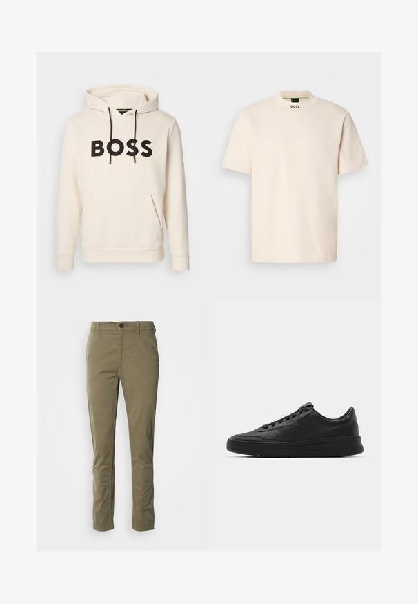 Krämfärgad huvtröja med svart "BOSS"-text på bröstet, svarta dragsnören och en framficka i känguru-stil.; Krämfärgad kortärmad t-shirt med hög krage, med "BOSS" tryckt i svart på framsidan av halsringningen och inuti etiketten.; Olivgröna chinos i bomull med en mjuk textur. Har knappstängning, sidfickor och en slim fit-design.; Svart sneaker med slät läderöverkänsla, rund tå, platta snören, vadderad krage och minimalistisk design. Gummisula med subtilt mönster.