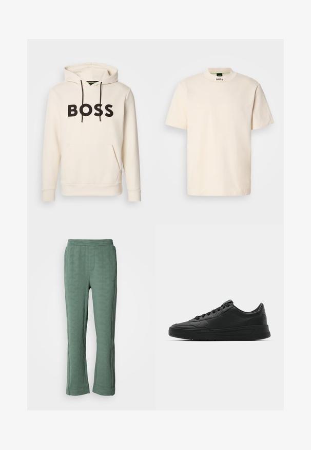 Krémová mikina s kapucňou a čiernym textom "BOSS" na hrudi, čiernymi šnúrkami a prednou kengurou vreckom.; Krémové tričko s krátkym rukávom a vysokým golierom, s nápisom "BOSS" potlačeným čiernou farbou na prednom krku a vo vnútornom štítku.; Zelené nohavice s textúrovaným geometrickým vzorom, s elastickým pásom a miernym rozšírením na konci.; Čierne tenisky s hladkým koženým zvrškom, okrúlym špičkou, plochými šnúrkami, polstrovaným golierom a minimalistickým dizajnom. Gumená podrážka s jemným vzorom behúňa.