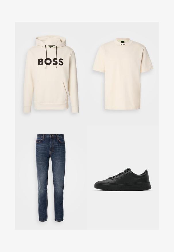 Krémová mikina s kapucí a černým nápisem "BOSS" na hrudi, černými stahovacími šňůrkami a přední kapsou ve stylu klokan.; Krémové tričko s krátkým rukávem a vysokým límcem, na přední části krku a vnitřní štítku s potiskem "BOSS" v černé barvě.; Tmavě modré džíny s rovnými nohavicemi, pěti kapsami a kontrastním šitím. Jemně vybledlý vzhled s klasickým střihem.; Černé tenisky s hladkým koženým svrškem, kulatou špičkou, plochými tkaničkami, polstrovaným límcem a minimalistickým designem. Gumová podrážka s jemným vzorkem.