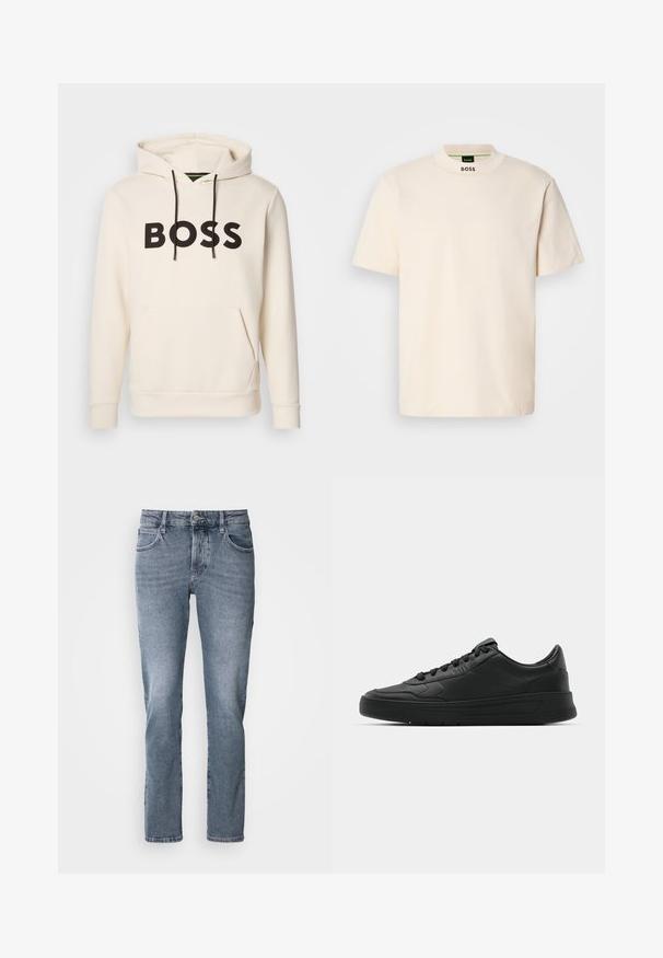 Crème kleurige hoodie met zwarte "BOSS" tekst op de borst, zwarte trekkoorden en een handige buidelzak aan de voorkant.; Crème kleurig T-shirt met korte mouwen en hoge kraag, met "BOSS" in het zwart gedrukt op de voorkant van de nek en op het binnenlabel.; Lichtblauwe spijkerbroek met een rechte snit, vijf-pocket ontwerp en subtiele vervaging. Voorzien van een knoopsluiting en riemlussen.; Zwarte sneaker met een glad leren bovenwerk, ronde neus, platte veters, gewatteerde kraag en minimalistisch design. Rubberen zool met een subtiel profiel.