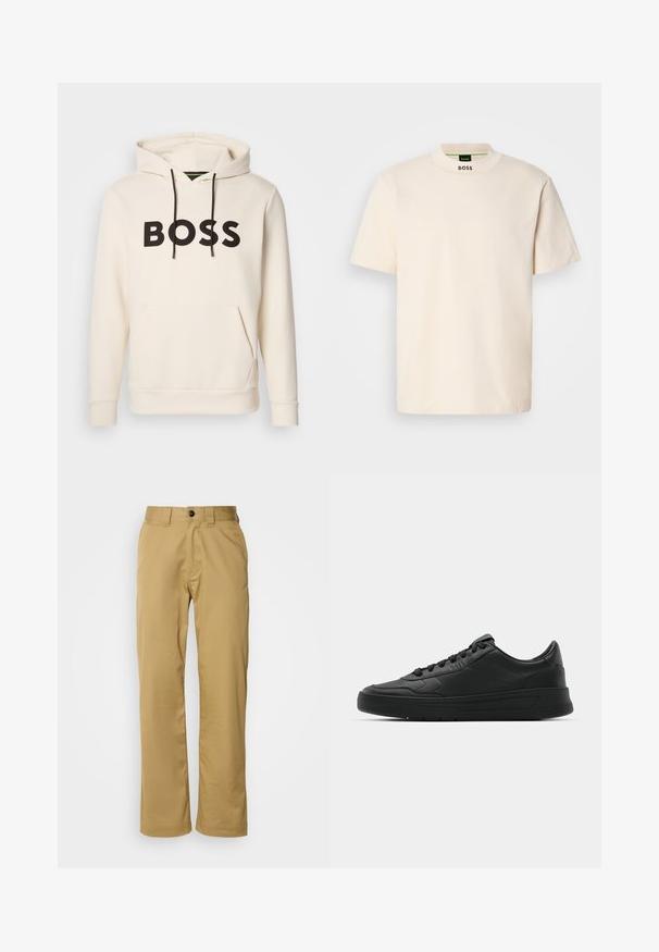 Kremna kapuca s črnim napisom "BOSS" na prsih, črnimi vrvicami ter sprednjim žepom v obliki kenguruja.; Kratek T-shirt v krem barvi s kratkimi rokavi in visokim ovratnikom, na sprednjem delu vratu in notranji etiketi pa je natisnjen napis "BOSS" v črni barvi.; Bež hlače izdelane iz gladkega materiala, z običajnim rezom, dvema stranskima žepoma in enim gumbom za zapiranje v pasu.; Črne superge z gladkim usnjenim zgornjim delom, okroglo konico, ravnimi vezalkami, oblazinjeno ovratnikom in minimalističnim dizajnom. Gumijast podplat z diskretnim profilom.