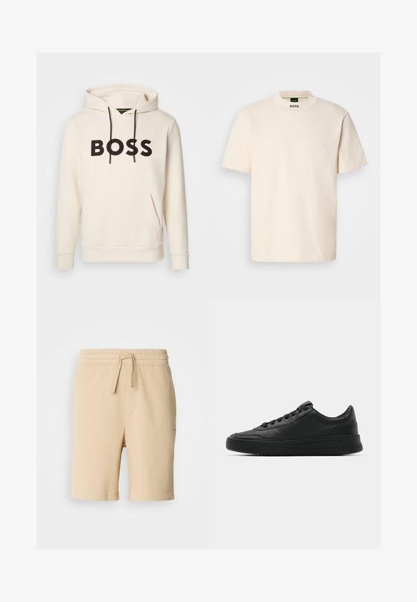 Sudadera color crema con el texto "BOSS" en negro en el pecho, cordones negros y un bolsillo canguro en la parte frontal.; T-shirt de manga corta color crema con collar alto, que presenta la palabra "BOSS" impresa en negro en la parte delantera del cuello y en la etiqueta interior.; Bermudas de mezcla de algodón beige con cintura elástica, detalle de cordón, bolsillo lateral y corte recto. Textura suave y diseño sencillo.; Zapatilla negra con parte superior de cuero liso, puntera redonda, cordones planos, cuello acolchado y diseño minimalista. Suela de goma con un patrón de relieve sutil.
