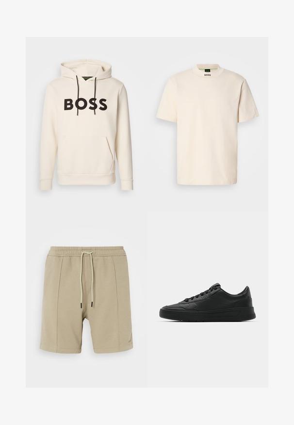Kremowa bluza z kapturem z czarnym napisem "BOSS" na klatce piersiowej, czarne sznurki oraz przednia kieszeń kangurka.; Kremowa koszulka z krótkim rękawem z wysokim kołnierzem, z nadrukiem "BOSS" w kolorze czarnym na przedniej części kołnierza oraz wewnętrznej metce.; Beżowe szorty wykonane z teksturowanej tkaniny, z elastycznym paskiem w talii z sznurkiem oraz dwiema bocznymi szwami. Prosty design, bez widocznych wzorów.; Czarny sneakers z gładkiej skórzanej cholewce, okrągłym nosku, płaskimi sznurówkami, wyściółką kołnierza i minimalistycznym designie. Gumowa podeszwa z delikatnym wzorem bieżnika.