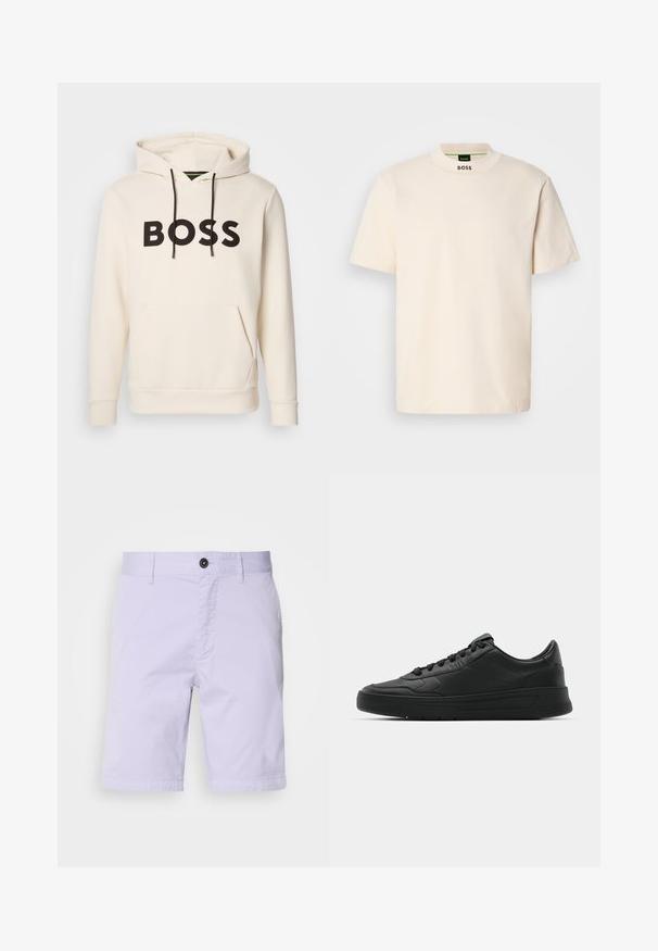 Kreminės spalvos džemperis su juodu "BOSS" tekstu ant krūtinės, juodomis pavadėlėmis ir priekinėmis kengūros kišenėmis.; Kreminės spalvos trumpas rankovės marškinėliai su aukštu apykakle, ant kurių priekyje kaklo ir vidinėje etiketėje juodu spalva yra užrašas "BOSS".; Šviesiai levandų spalvos šortai iš medvilnės mišinio, su plokščiu priekiniu kraštu, mygtukų užsegimu, dviem šoninėmis kišenėmis ir tiesiu apvadu.; Juodi sportiniai batai su lygia odine viršutine dalimi, apvaliu pirštu, plokščiomis raišteliais, pagaminta su paminkštinta apykakle ir minimalizmo dizainu. Guma padais su subtilia protektoriaus raštu.
