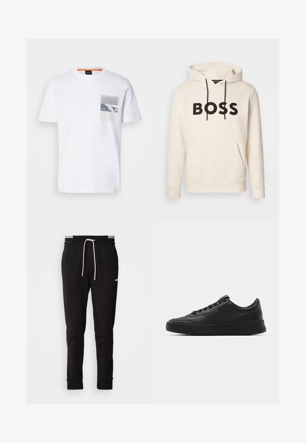Crème kleurige hoodie met zwarte "BOSS" tekst op de borst, zwarte trekkoorden en een handige buidelzak aan de voorkant.; Witte katoenen t-shirt met een vierkant grafisch zakprint in zwart-wit. Ronde hals en korte mouwen.; Zwarte slim-fit joggerbroek met witte trekkoord, ribgebreide boorden en subtiele logo op de bovenbenen, tegen een effen achtergrond.; Zwarte sneaker met een glad leren bovenwerk, ronde neus, platte veters, gewatteerde kraag en minimalistisch design. Rubberen zool met een subtiel profiel.