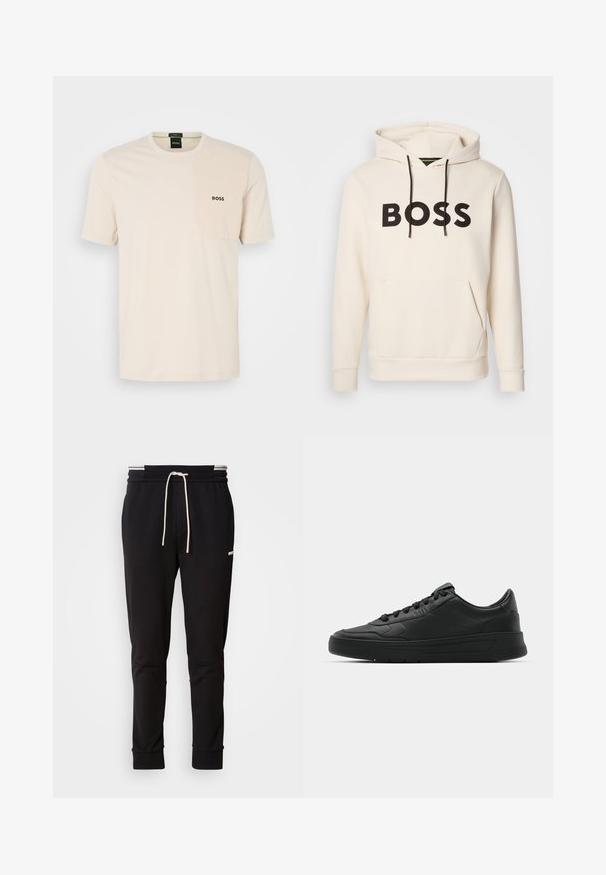 Sweatshirt creme com o texto "BOSS" em preto no peito, cordões pretos e um bolso tipo canguru na frente.; T-shirt de algodão bege com decote redondo, mangas curtas e um bolso texturizado no lado esquerdo do peito, apresentando um logotipo preto "BOSS".; Calças de jogging slim-fit pretas com cordão branco, punhos canelados e um logótipo subtil na parte superior da coxa, contra um fundo simples.; Sapatilha preta com parte superior em couro liso, bico arredondado, cadarços planos, colarinho almofadado e design minimalista. Sola de borracha com padrão de tração discreto.