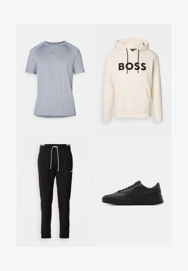 Kermakuvioinen huppari, jossa musta "BOSS" -teksti rinnassa, mustat narut ja etupuolella kengurupocket.; Vaaleanharmaa lyhythihainen urheilupaita hengittävästä kankaasta, jossa on pyöreä kaula-aukko, litteät saumat ja pieni "BOSS"-logo edessä.; Musta slim-fit juoksuhousut valkoisella nauhalla, ribbireunat ja hillitty logo ylemmässä reidessä tasaisella taustalla.; Mustat lenkkitossut, joissa on sileä nahkapäällinen, pyöreä kärki, tasaiset nauhat, pehmustettu nilkka ja minimalistinen muotoilu. Kumia pohja, jossa on hillitty urakuvio.