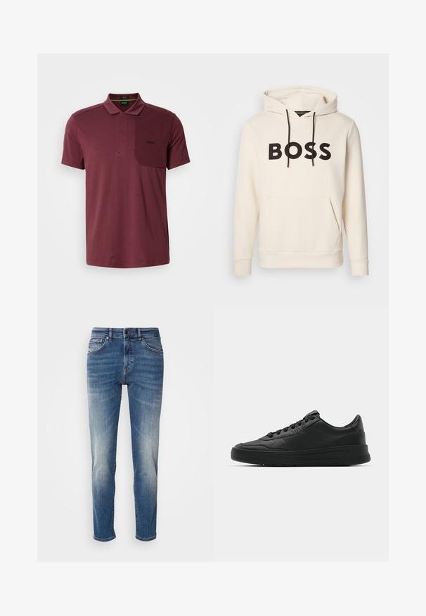 Kremfarget hettegenser med svart "BOSS" tekst på brystet, svarte snorer og en kengurulomme foran.; Mørkebrun polo skjorte laget av bomullsblanding, har en tre-knapp placket, teksturert lapp på venstre bryst og brodert logo detalj.; Blå denimjeans med rette ben, lys falming, klassisk fem-lomme-stil og glidelås med knappelukking.; Sorte sneakers med glatt skinnøvre, rund tå, flate lisser, polstret krage og minimalistisk design. Gummisåle med subtilt mønster.