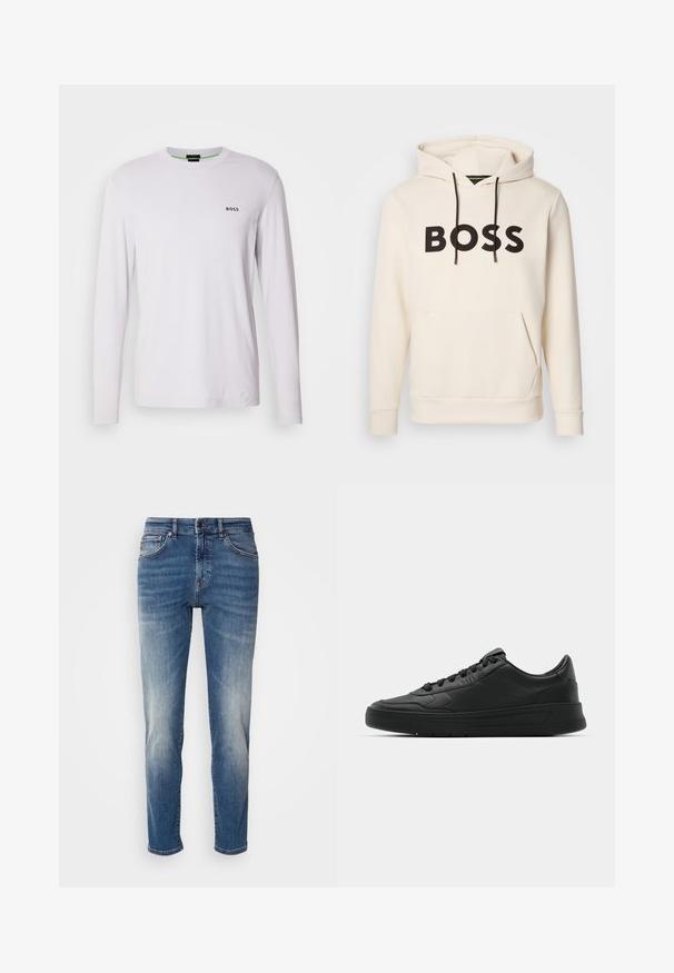 Kreminės spalvos džemperis su juodu "BOSS" tekstu ant krūtinės, juodomis pavadėlėmis ir priekinėmis kengūros kišenėmis.; Baltas ilgomis rankovėmis marškinėliai, pagaminti iš minkštos medvilnės. Turi apvalią iškirptę ir mažą juodą "BOSS" logotipą ant krūtinės. Lygus tekstūros, paprastos dizaino.; Mėlyni džinsai su tiesiu kirpimu, šviesiu nusidėvėjimu, klasikinė penkių kišenių stiliumi ir užtrauktuku su sagute.; Juodi sportiniai batai su lygia odine viršutine dalimi, apvaliu pirštu, plokščiomis raišteliais, pagaminta su paminkštinta apykakle ir minimalizmo dizainu. Guma padais su subtilia protektoriaus raštu.