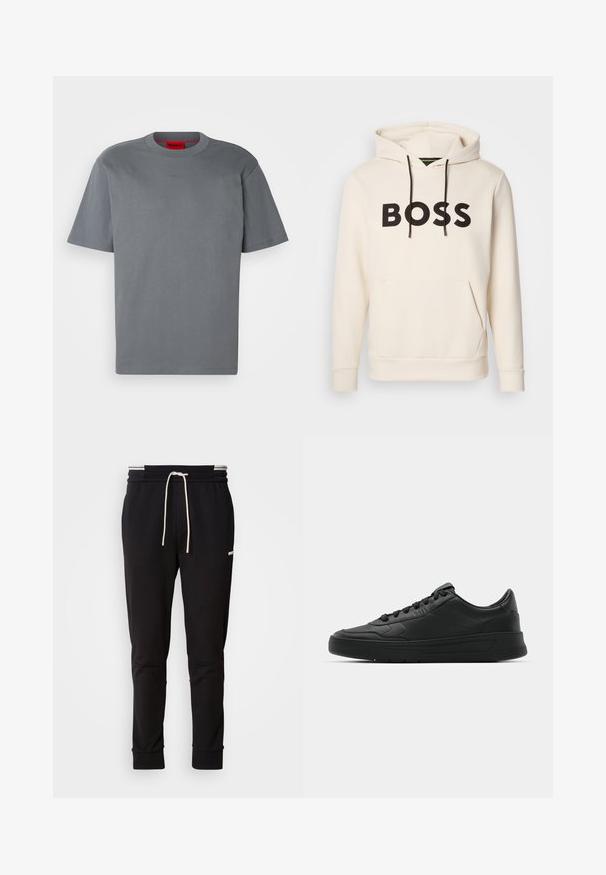 Krēmkrāsas kapuce ar melnu "BOSS" tekstu uz krūtīm, melniem auklām un priekšējo kangaru kabatu.; Pelēks kokvilnas T-krekls ar īsām piedurknēm. Ar apaļu kakla izgriezumu un viegli izcelta logo centrā. Gluda tekstūra, minimālisma dizains.; Melni slaidi jogger bikses ar baltu auklu, ribotām piedurknēm un diskrētu logo augšstilbā uz vienkārša fona.; Melnās kedas ar gludu ādas augšpusi, apaļu purngalu, plakaniem šņorēm, mīkstinātu apkakli un minimālistisku dizainu. Gumijas zole ar smalku rakstu.