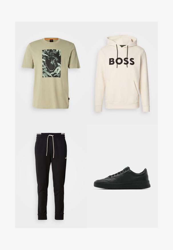 Sweatshirt creme com o texto "BOSS" em preto no peito, cordões pretos e um bolso tipo canguru na frente.; Camiseta verde-oliva em algodão, com um gráfico de pantera negra rodeada por folhagem. Logotipo da marca exibido dentro do design.; Calças de jogging slim-fit pretas com cordão branco, punhos canelados e um logótipo subtil na parte superior da coxa, contra um fundo simples.; Sapatilha preta com parte superior em couro liso, bico arredondado, cadarços planos, colarinho almofadado e design minimalista. Sola de borracha com padrão de tração discreto.