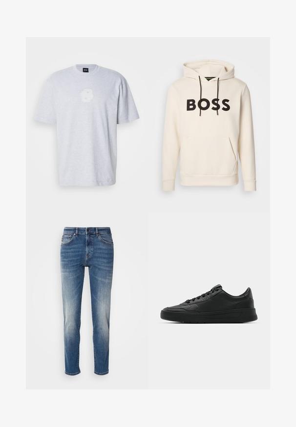 Crème kleurige hoodie met zwarte "BOSS" tekst op de borst, zwarte trekkoorden en een handige buidelzak aan de voorkant.; Grijze katoenen T-shirt met korte mouwen, voorzien van een pluizig wit logo op de voorkant. Ronde halsontwerp met een ontspannen pasvorm.; Blauwe denim jeans met een recht model, lichte vervaging, klassieke vijf-pocketstijl en een ritssluiting met knoopsluiting.; Zwarte sneaker met een glad leren bovenwerk, ronde neus, platte veters, gewatteerde kraag en minimalistisch design. Rubberen zool met een subtiel profiel.
