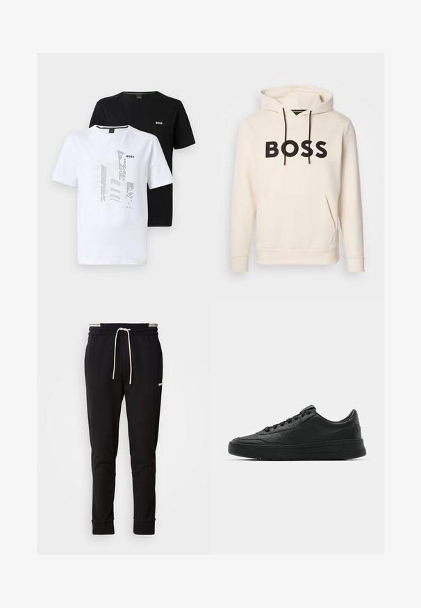 Krēmkrāsas kapuce ar melnu "BOSS" tekstu uz krūtīm, melniem auklām un priekšējo kangaru kabatu.; Divas īsām piedurknēm T-krekli: viens balts ar grafisku dizainu un logotipu, otrs vienkrāsains melns ar logotipu. Kokvilnas materiāls, apaļa kakla izgriezuma stils.; Melni slaidi jogger bikses ar baltu auklu, ribotām piedurknēm un diskrētu logo augšstilbā uz vienkārša fona.; Melnās kedas ar gludu ādas augšpusi, apaļu purngalu, plakaniem šņorēm, mīkstinātu apkakli un minimālistisku dizainu. Gumijas zole ar smalku rakstu.