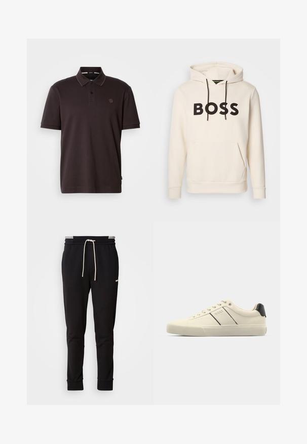 Krémová mikina s kapucňou a čiernym textom "BOSS" na hrudi, čiernymi šnúrkami a prednou kengurou vreckom.; Tmavo hnedá polo košeľa s krátkymi rukávmi, dvoma gombíkmi, malou vyšitou logom na hrudi a s ostrým golierom na jednofarebnom pozadí.; Čierne slim-fit teplákové nohavice s bielou šnúrkou na stiahnutie, rebrovanými manžetami a nenápadným logom na hornej strane stehna na jednofarebnom pozadí.; Krémové tenisky s hladkou textúrou, s čiernymi akcentmi a brandingom. Klasický štýl so šnurovaním, guľatou špičkou a gumovou podrážkou.