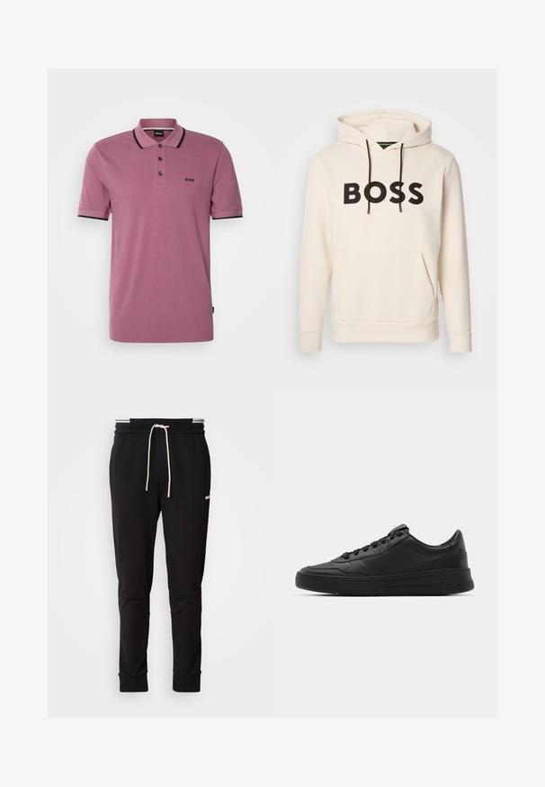 Krémová mikina s kapucí a černým nápisem "BOSS" na hrudi, černými stahovacími šňůrkami a přední kapsou ve stylu klokan.; Fialové polo tričko s krátkým rukávem, kontrastním černým límečkem a manžetami, s třemi knoflíky na přední straně a vyšitým logem na hrudi.; Černé slim-fit joggingové kalhoty s bílou stahovací šňůrkou, žebrovanými manžetami a jemným logem na horní části stehna na jednoduchém pozadí.; Černé tenisky s hladkým koženým svrškem, kulatou špičkou, plochými tkaničkami, polstrovaným límcem a minimalistickým designem. Gumová podrážka s jemným vzorkem.