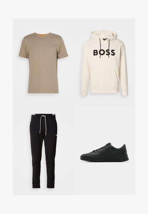 Kremasti dukserica s kapuljačom s crnim natpisom "BOSS" na prsima, crnim špagama i prednjim kengur čim džepom.; BOSS TALES - Osnovna majica kratkih rukava - open brown; Crne uske jogger hlače s bijelom vezicom, rebrastim manžetama i suptilnim logom na gornjem butu na jednobojnoj pozadini.; Crne tenisice s glatkom kožnom gornjištem, okruglim vrhom, ravnim vezicama, podstavljenim ovratnikom i minimalističkim dizajnom. Gumeni potplat s suptilnim uzorkom.