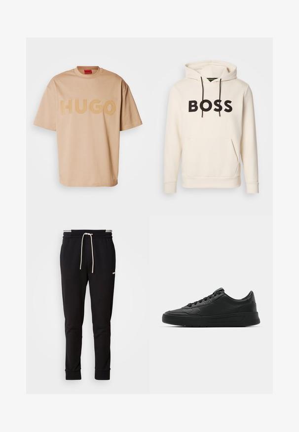 Sweatshirt creme com o texto "BOSS" em preto no peito, cordões pretos e um bolso tipo canguru na frente.; T-shirt oversized de cor pêssego, feita de algodão suave, com o logótipo em relevo "HUGO" no centro. Mangas curtas e decote redondo.; Calças de jogging slim-fit pretas com cordão branco, punhos canelados e um logótipo subtil na parte superior da coxa, contra um fundo simples.; Sapatilha preta com parte superior em couro liso, bico arredondado, cadarços planos, colarinho almofadado e design minimalista. Sola de borracha com padrão de tração discreto.