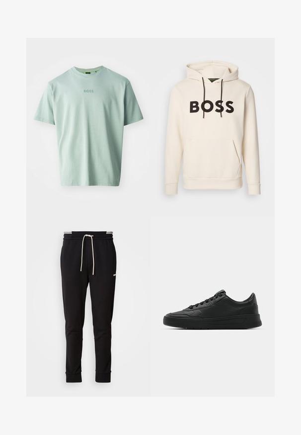 Cream-colored hoodie with black "BOSS" text on the chest, black drawstrings, and a front kangaroo pocket.; Light green T-shirt made of soft cotton, featuring short sleeves and a round neckline. Embroidered "BOSS" logo on the front.; Black slim-fit jogger pants with white drawstring, ribbed cuffs, and subtle logo on the upper thigh against a plain background.; Black sneaker with smooth leather upper, round toe, flat laces, cushioned collar, and minimalistic design. Rubber sole with subtle tread pattern.