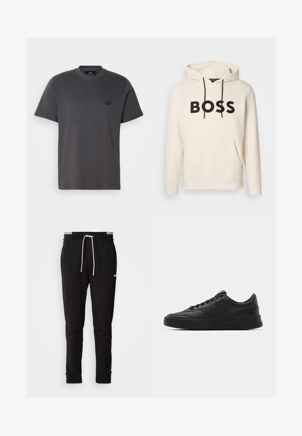 Krēmkrāsas kapuce ar melnu "BOSS" tekstu uz krūtīm, melniem auklām un priekšējo kangaru kabatu.; Pelēks kokvilnas T-krekls ar īsām piedurknēm, apaļu kakla izgriezumu un mazu melnu logo uz krūts. Gluda faktūra, ikdienas piegriezums, minimāls dizains.; Melni slaidi jogger bikses ar baltu auklu, ribotām piedurknēm un diskrētu logo augšstilbā uz vienkārša fona.; Melnās kedas ar gludu ādas augšpusi, apaļu purngalu, plakaniem šņorēm, mīkstinātu apkakli un minimālistisku dizainu. Gumijas zole ar smalku rakstu.