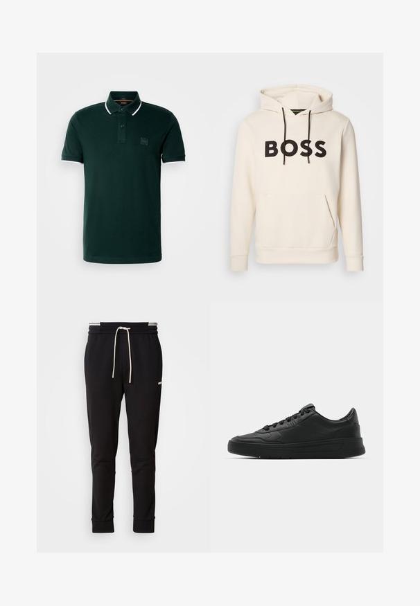 Helle Hoodie in Cremefarbe mit schwarzem "BOSS"-Text auf der Brust, schwarzen Kordelzügen und einer frontalen Kängurutasche.; Dunkelgrünes Poloshirt aus Baumwolle. Verfügt über eine Zwei-Knopf-Leiste, weiße Akzente am Kragen und an den Ärmeln sowie ein Logo-Patch auf der Brust.; Schwarzere Slim-Fit-Jogginghose mit weißem Kordelzug, gerippten Bündchen und subtilen Logo am Oberschenkel auf einem schlichten Hintergrund.; Schwarze Sneaker mit glattem Lederobermaterial, runder Zehenpartie, flachen Schnürsenkeln, gepolstertem Kragen und minimalistischem Design. Gummisohle mit subtiler Profilierung.