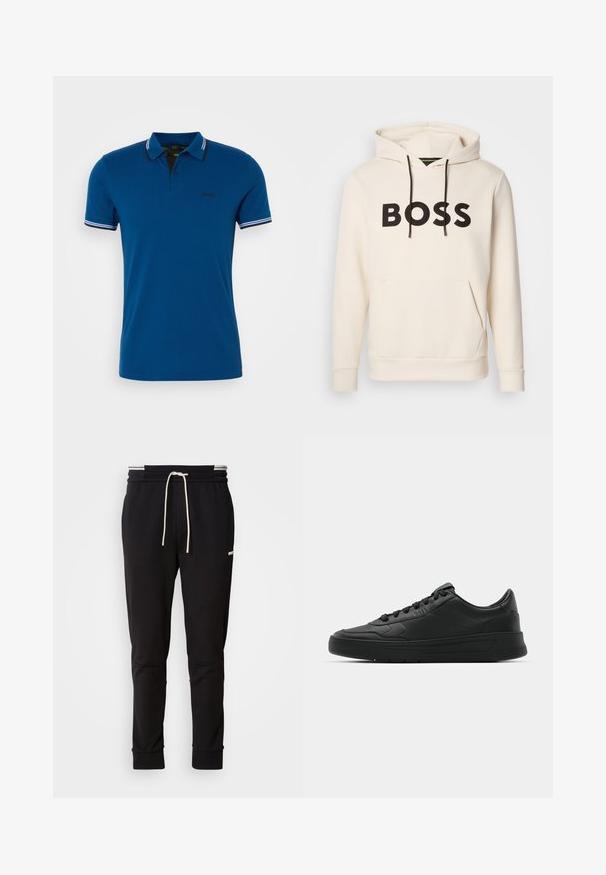 Krémová mikina s kapucí a černým nápisem "BOSS" na hrudi, černými stahovacími šňůrkami a přední kapsou ve stylu klokan.; Modrá polo košile z bavlny, s černým límečkem s bílými pruhy, krátkými rukávy a malým logem na hrudi.; Černé slim-fit joggingové kalhoty s bílou stahovací šňůrkou, žebrovanými manžetami a jemným logem na horní části stehna na jednoduchém pozadí.; Černé tenisky s hladkým koženým svrškem, kulatou špičkou, plochými tkaničkami, polstrovaným límcem a minimalistickým designem. Gumová podrážka s jemným vzorkem.