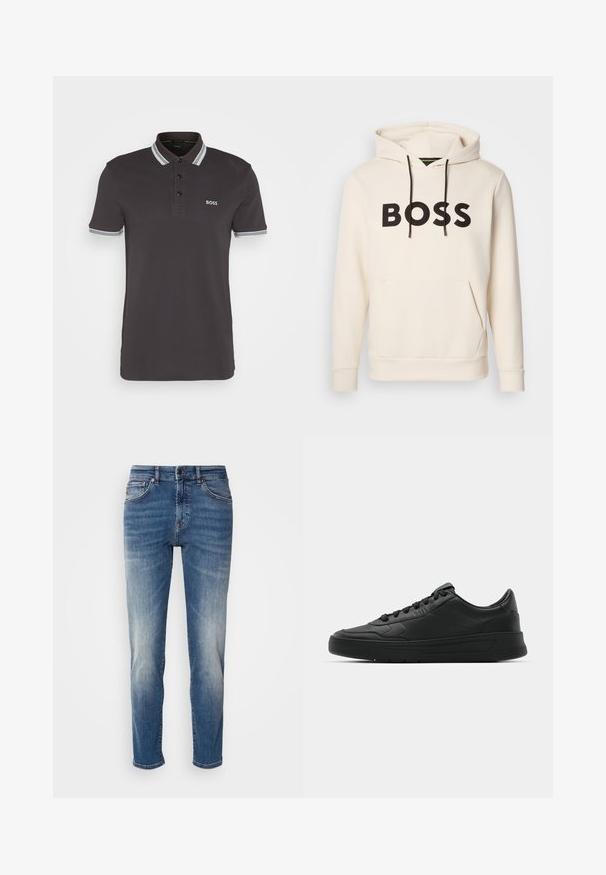 Krämfärgad huvtröja med svart "BOSS"-text på bröstet, svarta dragsnören och en framficka i känguru-stil.; BOSS PADDY - Piké - charcoal; Blå denimjeans med rak ben design, ljus blekning, klassisk femfickdesign och dragkedja med knäppning.; Svart sneaker med slät läderöverkänsla, rund tå, platta snören, vadderad krage och minimalistisk design. Gummisula med subtilt mönster.