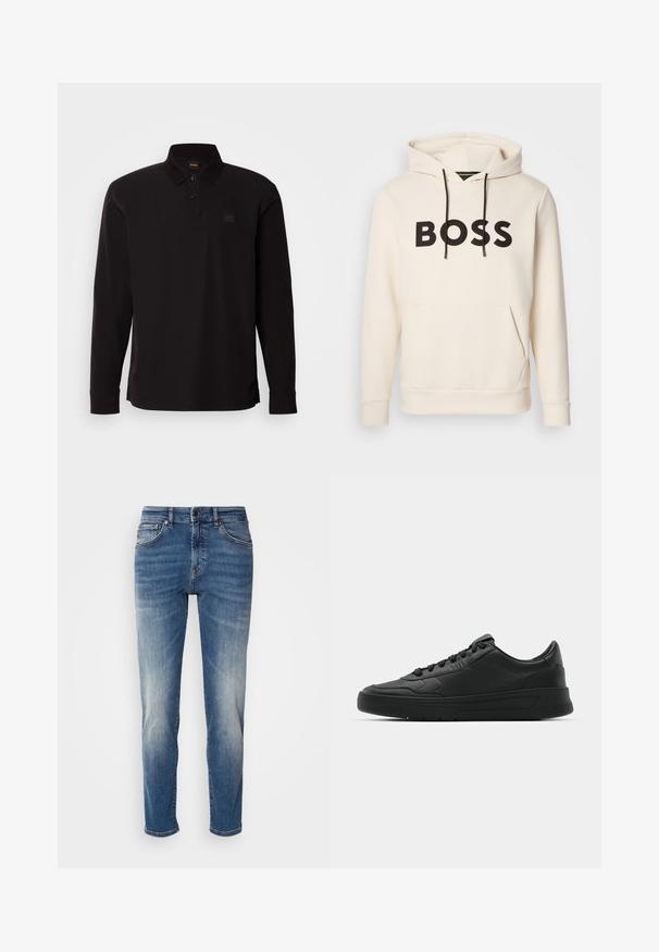 Kreemivärvi kapuutsiga särk, millel on must "BOSS" tekst rinna peal, mustad nöörid ja esine tasku.; Mustikas pikkade varrukatega polo särk, mis on valmistatud puuvillast, millel on krae, nupuvajutuse rida ja väike logotäht vasakul rinnal.; Sinine denimist valmistatud teksapükse sirge sääre kujundusega, kerge kulumisefektiga, klassikalise viie-taskuga stiiliga ning lukuga, millel on nupp sulgemiseks.; Mustmustel musta nahast ülemise osaga, ümmarguse varbaga, lamest paeltega, pehmendatud kaeluse ja minimalistliku disainiga. Kummist tald, millel on peen tihenemine.
