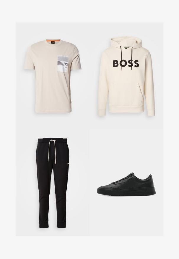 Cremefarvet hoodie med sort "BOSS" tekst på brystet, sorte snore og en front kangaroo lomme.; Beige bomulds T-shirt med rund hals og korte ærmer. En frontlomme med et sort-hvidt grafisk print og logo.; Sorte slim-fit joggingbukser med hvid snor, ribbede manchetter og subtilt logo på den øvre lår mod en ensfarvet baggrund.; Sort sneakers med glat læderoverdel, rund tå, flade snørebånd, polstret krave og minimalistisk design. Gummisål med subtilt mønster.